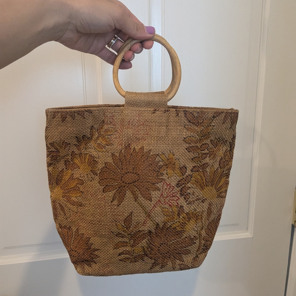 Floral Sunflower Tan Tote Bag with Wooden Handle